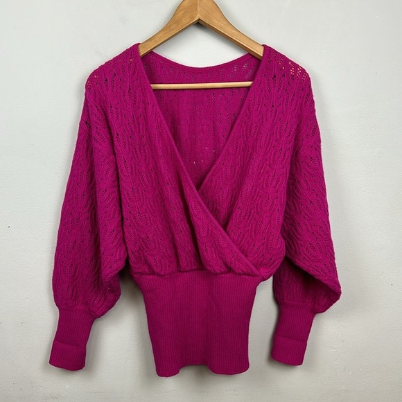 Pink Fuchsia Wool Rabbit Fur Open Back Pointelle Sweater Sz S - Picture 8 of 11